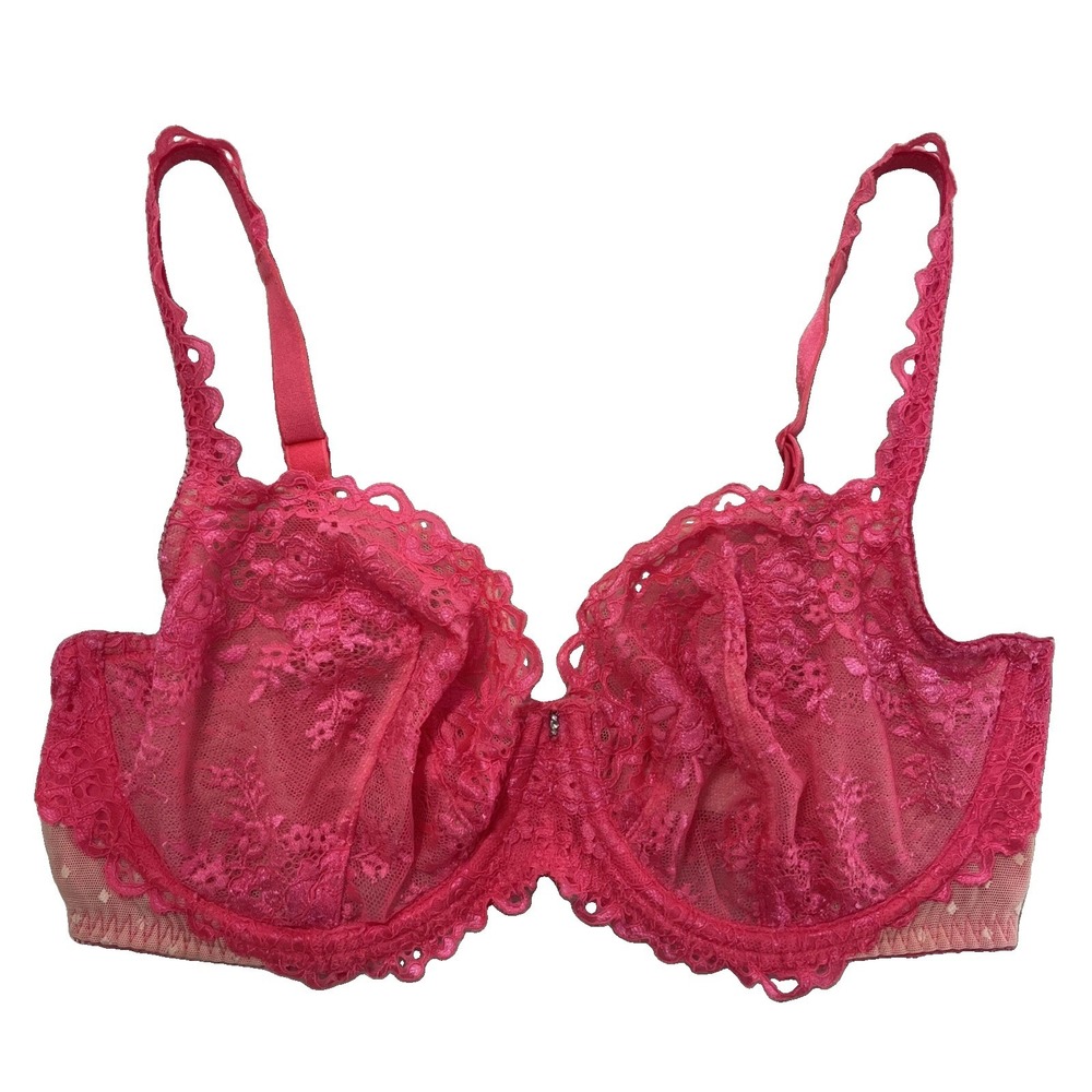 Victoria's Secret Bra 36DD Hot Pink Unlined Demi Lace Sexy Wired Rhinestone‎
